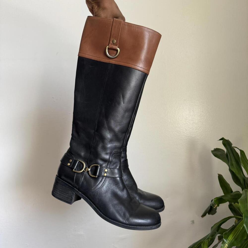 Vintage‎ old money two tone knee-high leather riding boots side harness size 7.5